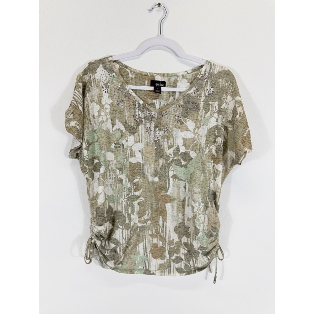 Erika Studded V-Neck Side Ruched Floral Sage Green Earthy Boho Knit Top Blouse L
